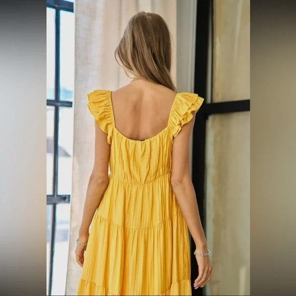 11. Women's Crinkled Fabric Ruffle Sleeve Deep V-Neck Maxi Dress - Picture 4 of 7